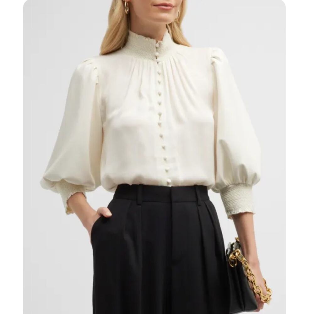 Alice + Olivia Carmina Vegan Leather Smocked Cuff Blouse.